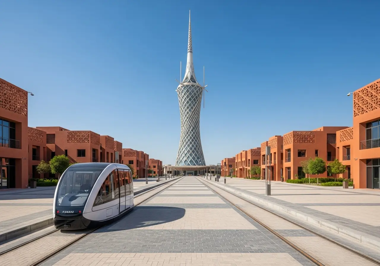 The futuristic architecture of Abu Dhabi Masdar City, featuring the Wind Tower and a PRT pod.