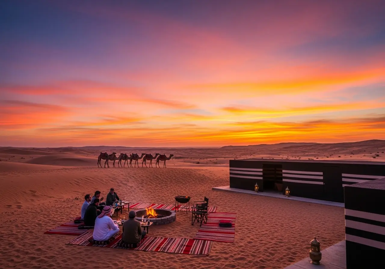 An Evening Desert Safari with a beautiful sunset over a traditional Bedouin camp in the desert.
