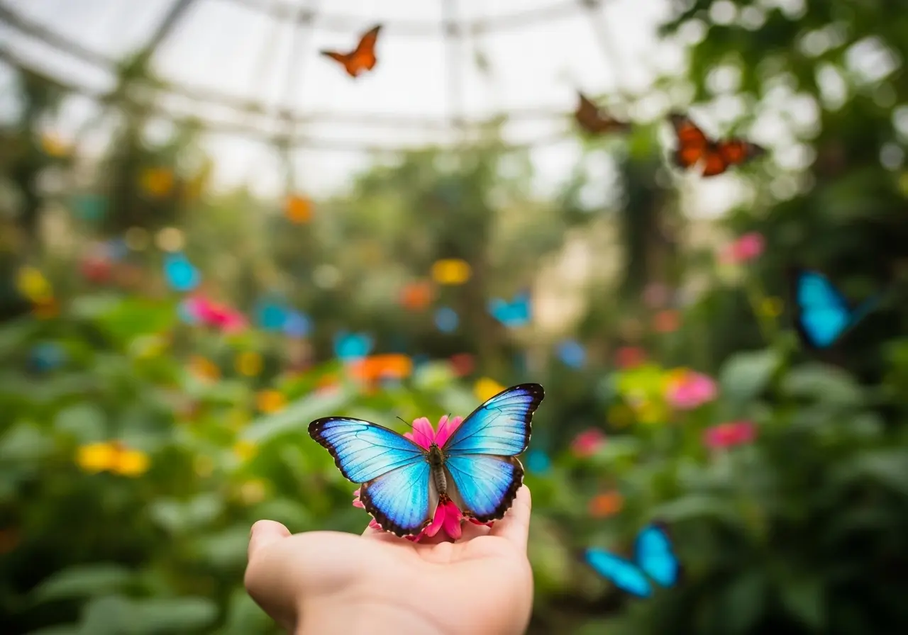 A beautiful, colorful butterfly resting on a flower inside the lush and magical Butterfly Garden Dubai.
