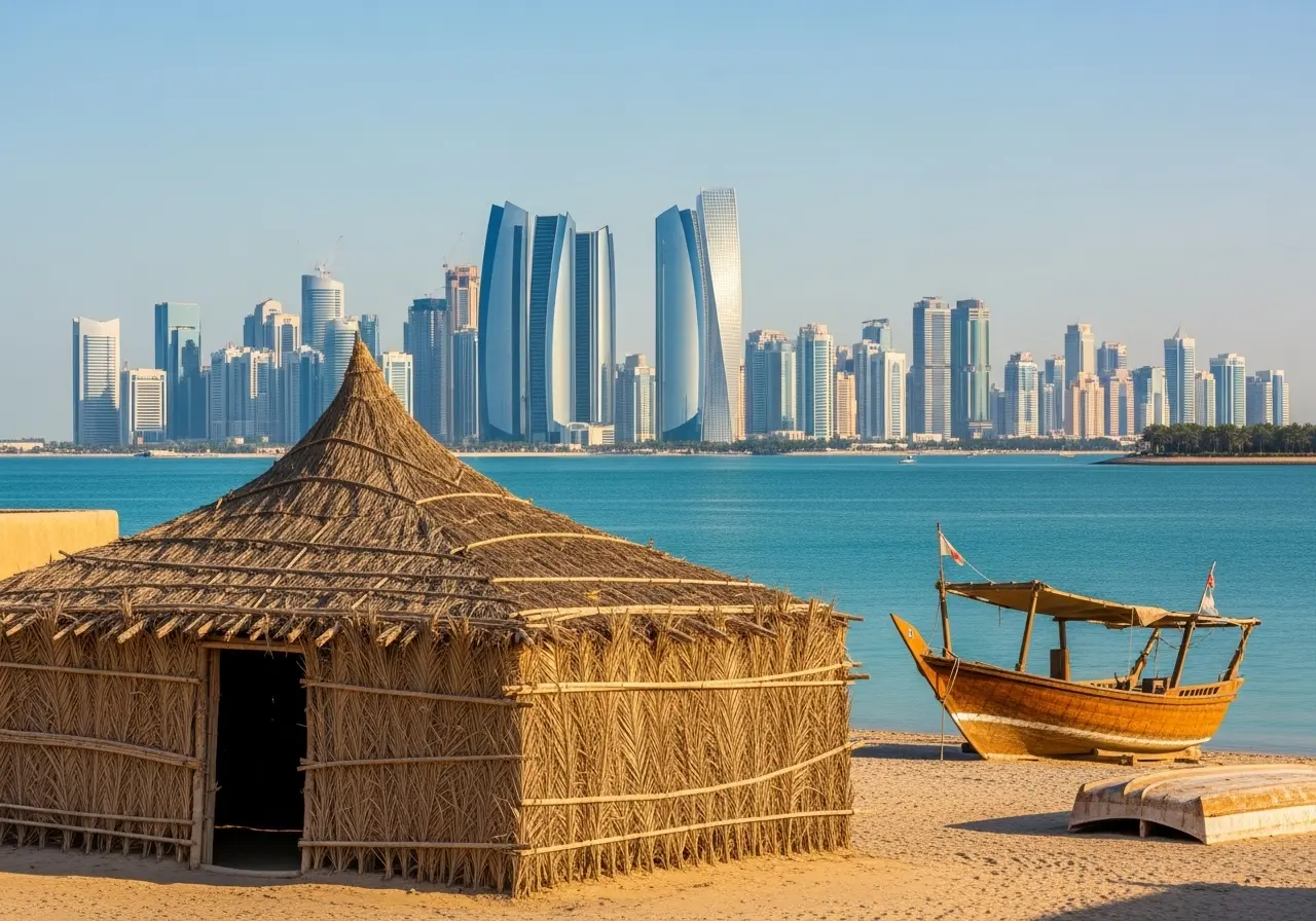 The Abu Dhabi Heritage Village with the modern city skyline in the background during a tour.