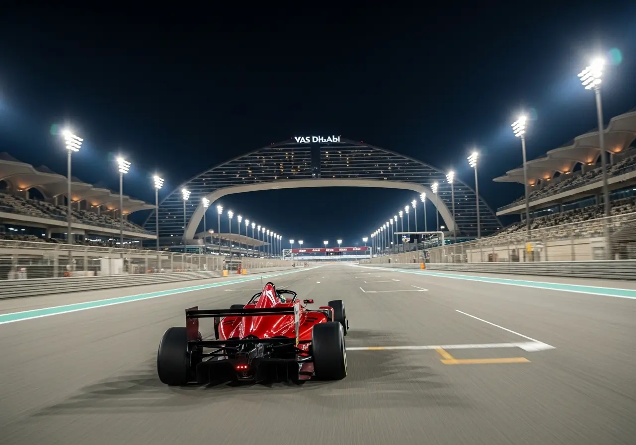 A person enjoying the ultimate Yas Marina driving experience in a Formula racing car at night.