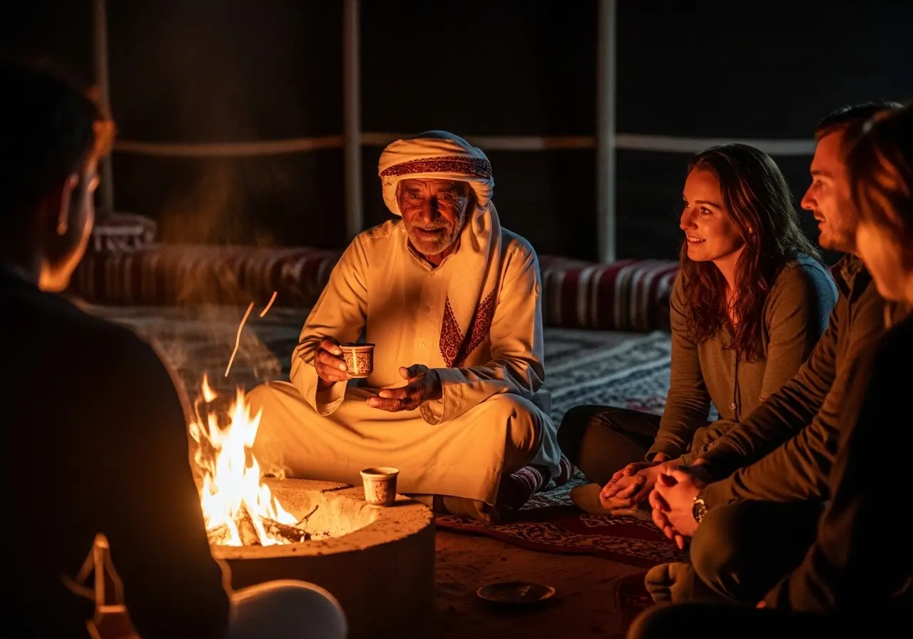 Guests enjoying a story during a Bedouin culture immersion safari.