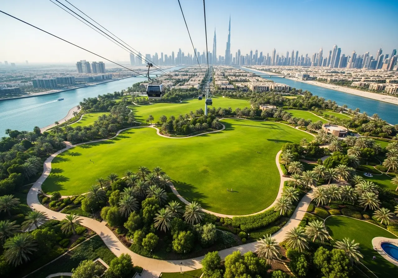 A breathtaking aerial view of the lush Creek Park Dubai from the cable car, with the Dubai Creek and city skyline in the background.