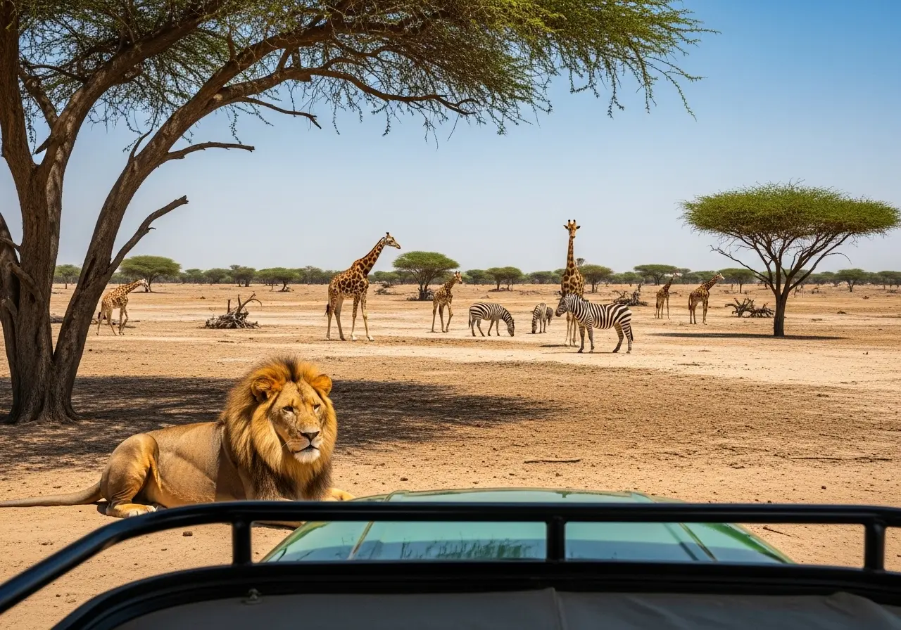 A majestic lion resting up close, with giraffes and zebras in the background on the Safari Journey at the incredible Safari Park Dubai.