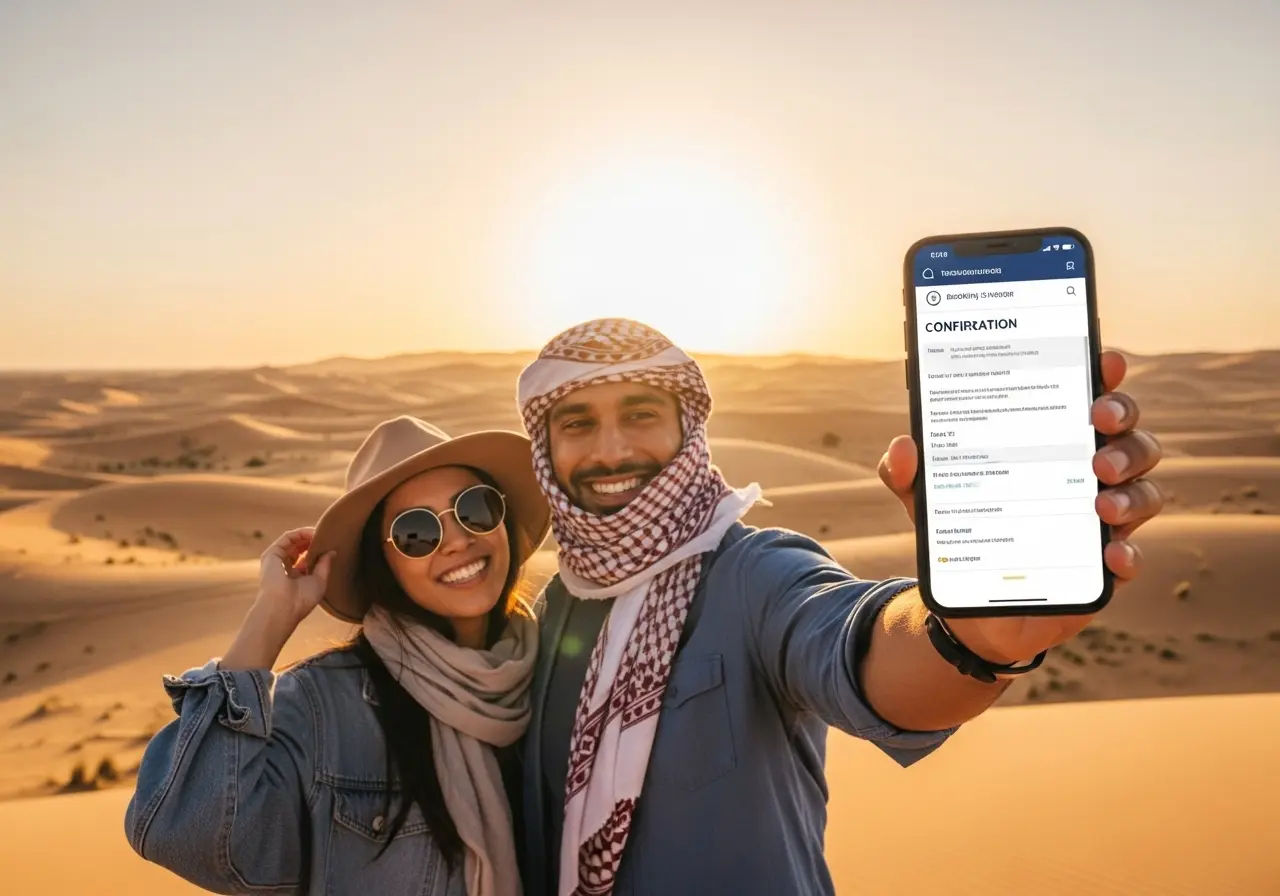 A happy couple celebrating after they book desert safari dubai cancel 24h prior and full refund for their trip. Flexible Desert Safari Dubai