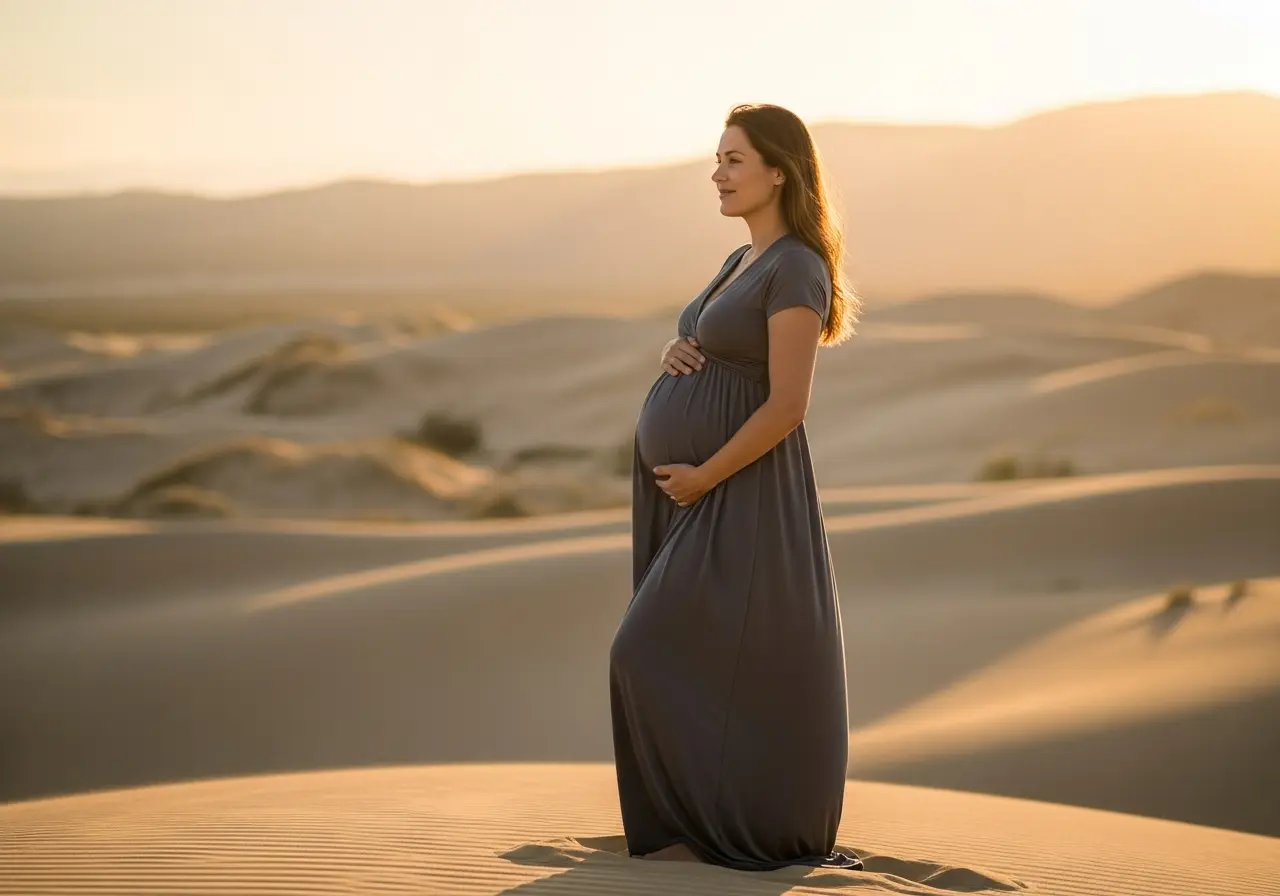 A pregnant woman safely enjoying the sunset, answering "Can pregnant women go on desert safari?".