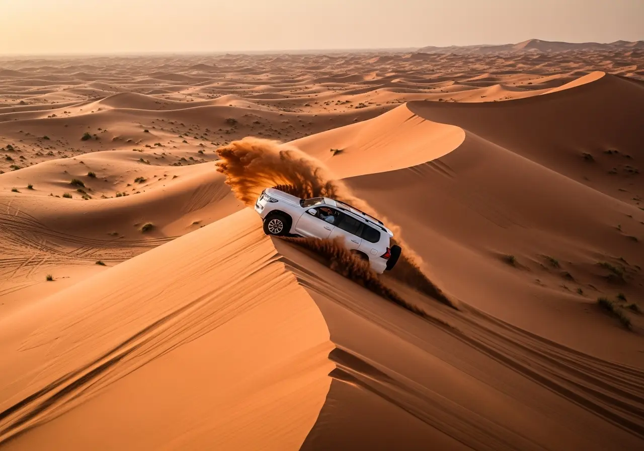 A 4x4 vehicle on a thrilling dune riding tour in the Dubai desert at sunset.