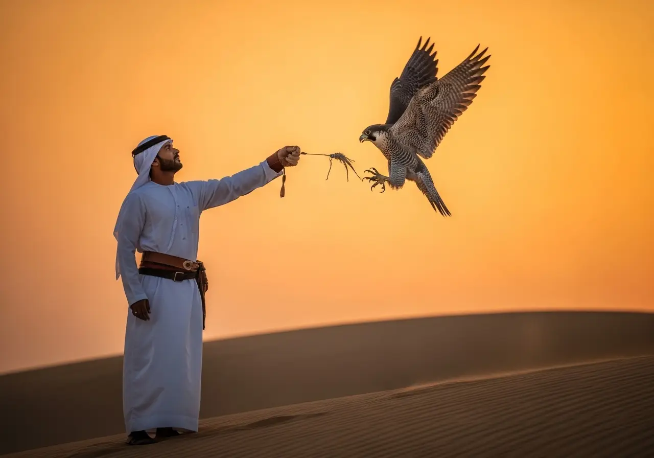 A falconer conducting a thrilling desert safari falconry show with a diving falcon at sunset.