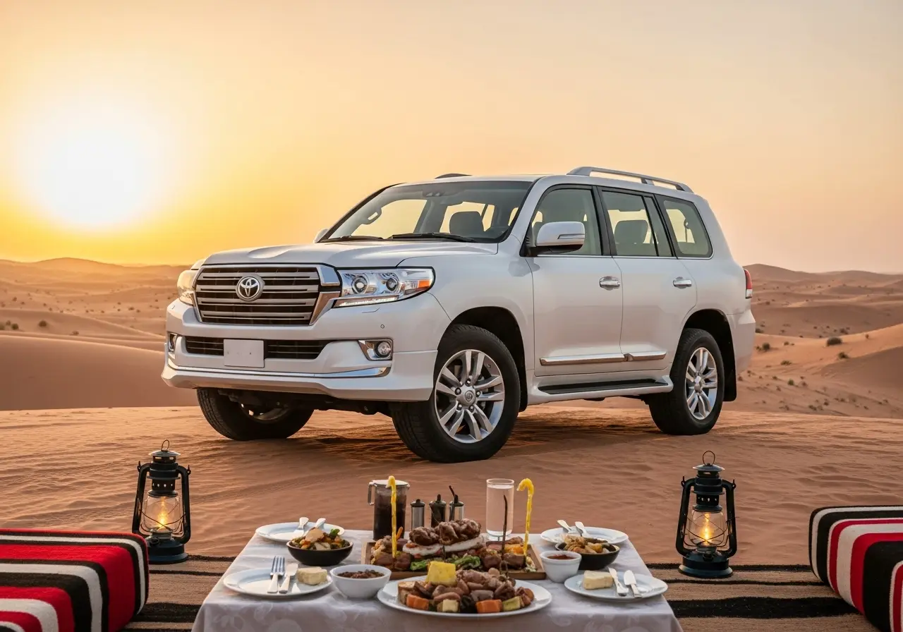 A stunning view of a sunset desert safari BBQ dinner experience in Dubai.