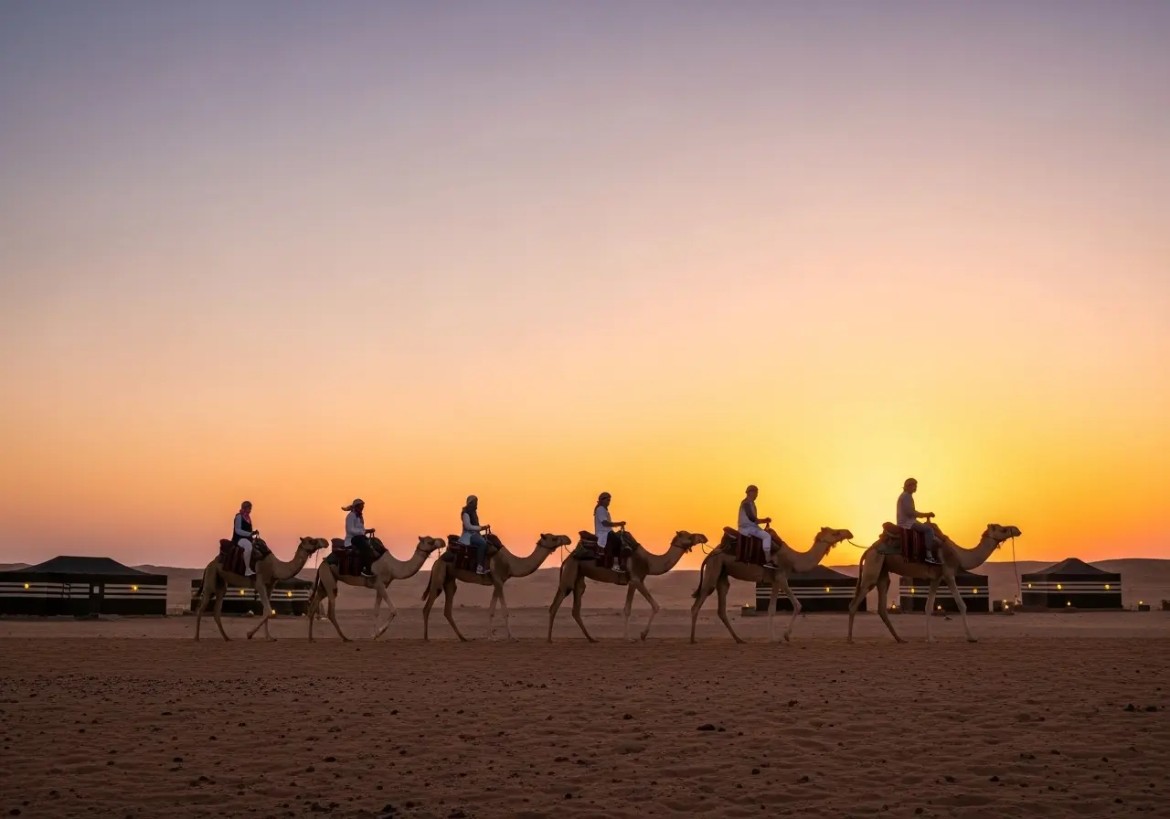 A beautiful Camel Riding Tours experience with people riding camels across the golden sand dunes at sunset.