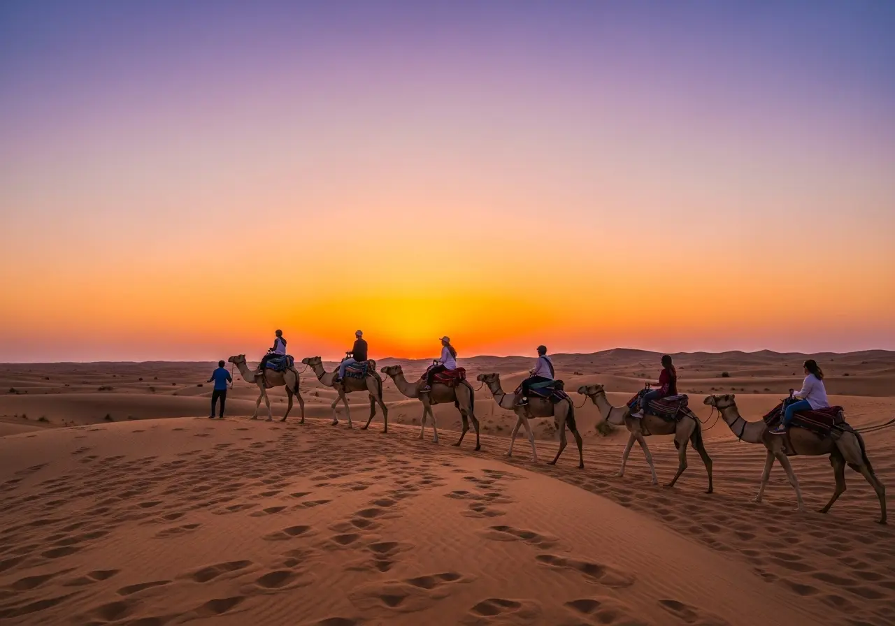 Group enjoying a camel desert safari in Dubai at sunset.