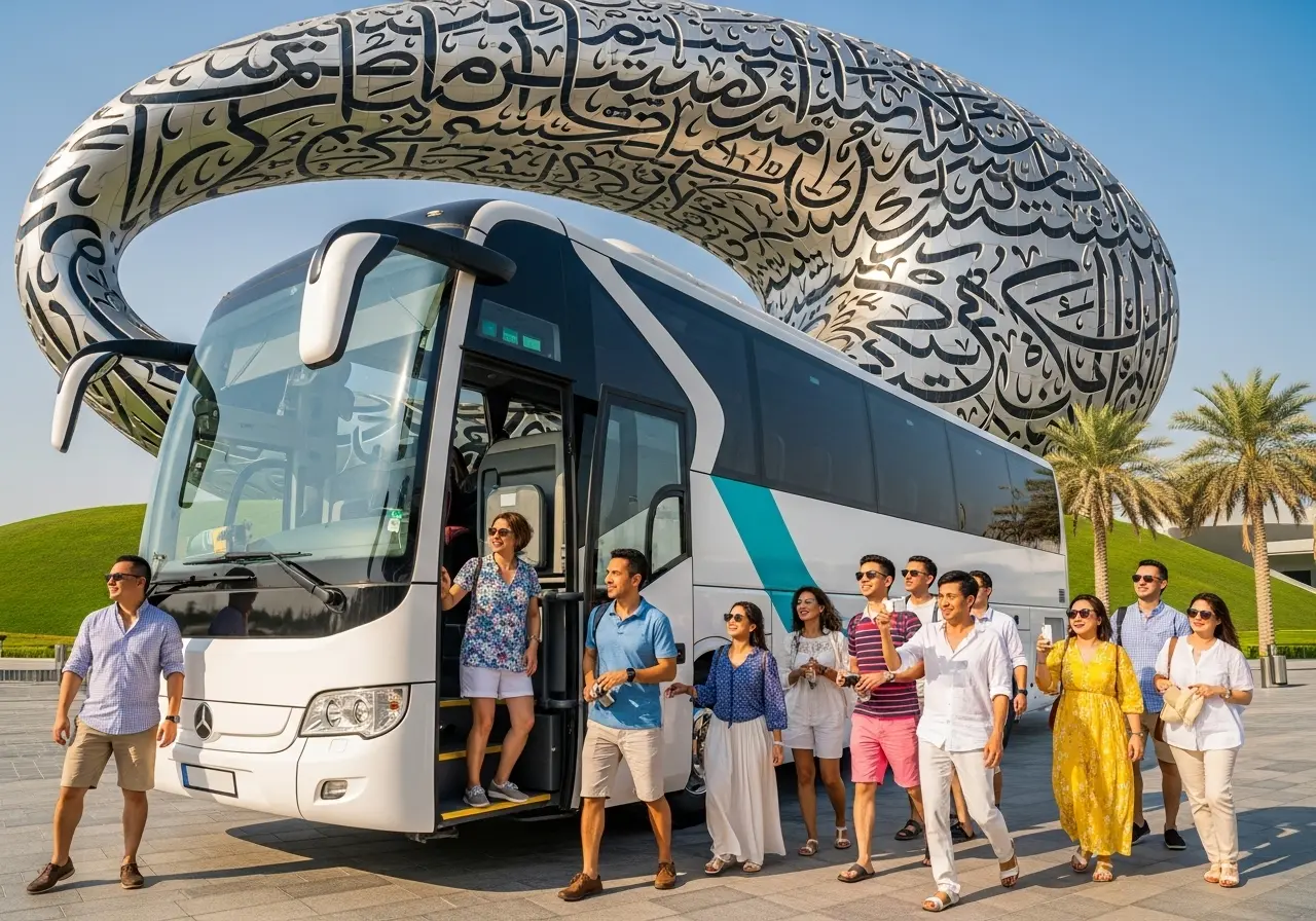 Tourists enjoying a city tour with a low Dubai city tour cost in front of a famous landmark.