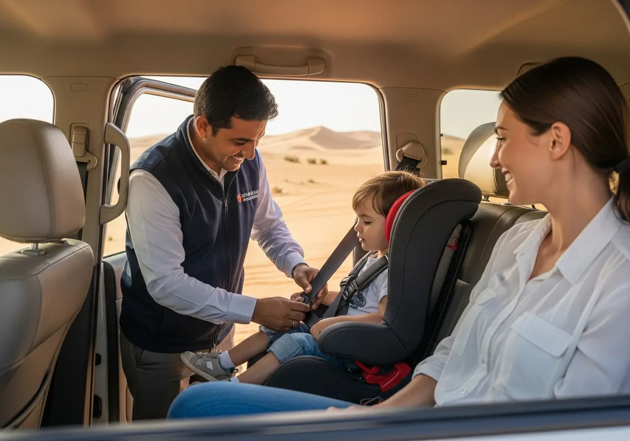 A guide ensuring a child is secure, demonstrating key desert safari safety tips.