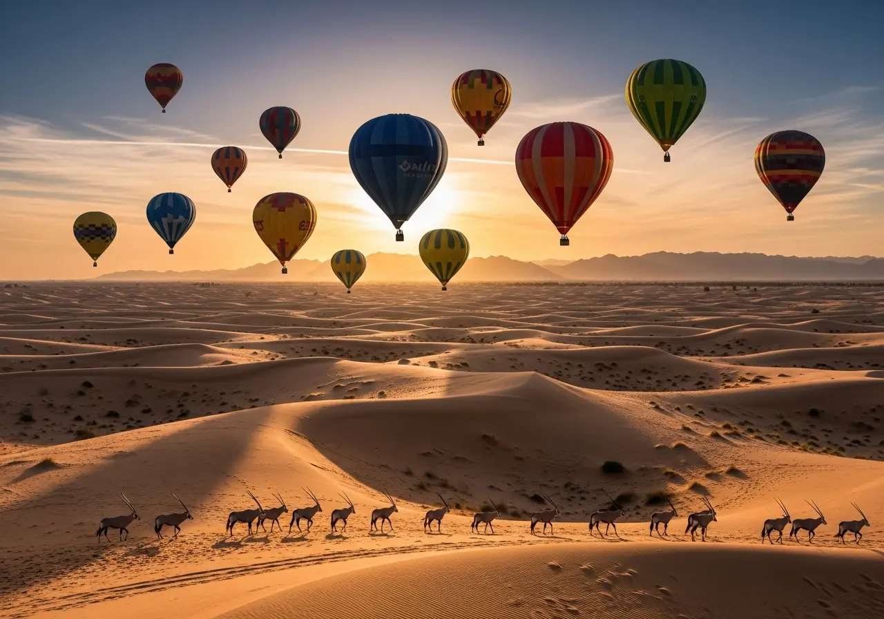 A magical Dubai hot air balloon ride over the desert at sunrise with wildlife below.