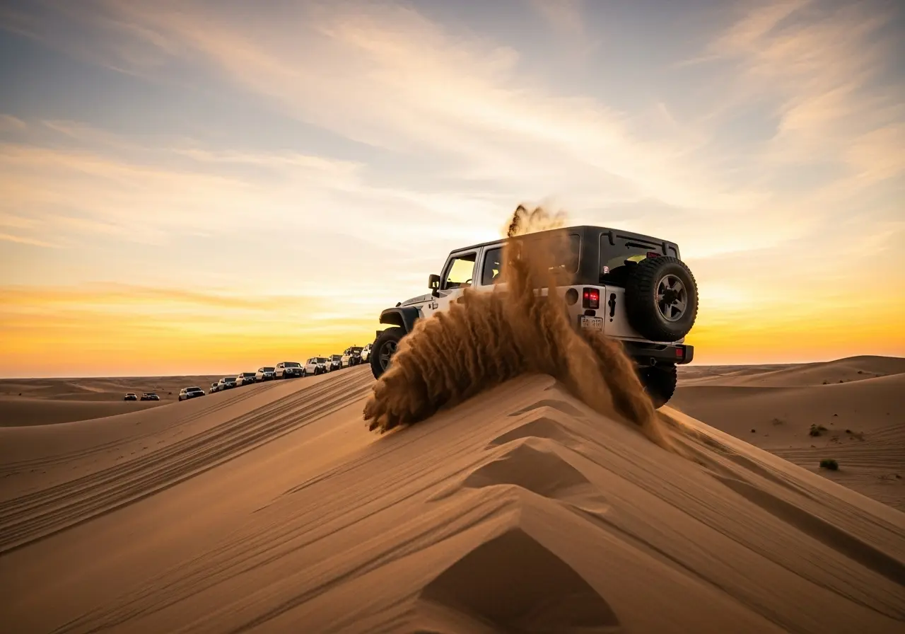 A thrilling Jeep and 4WD Tours experience with a powerful 4x4 Jeep driving over desert sand dunes at sunset.