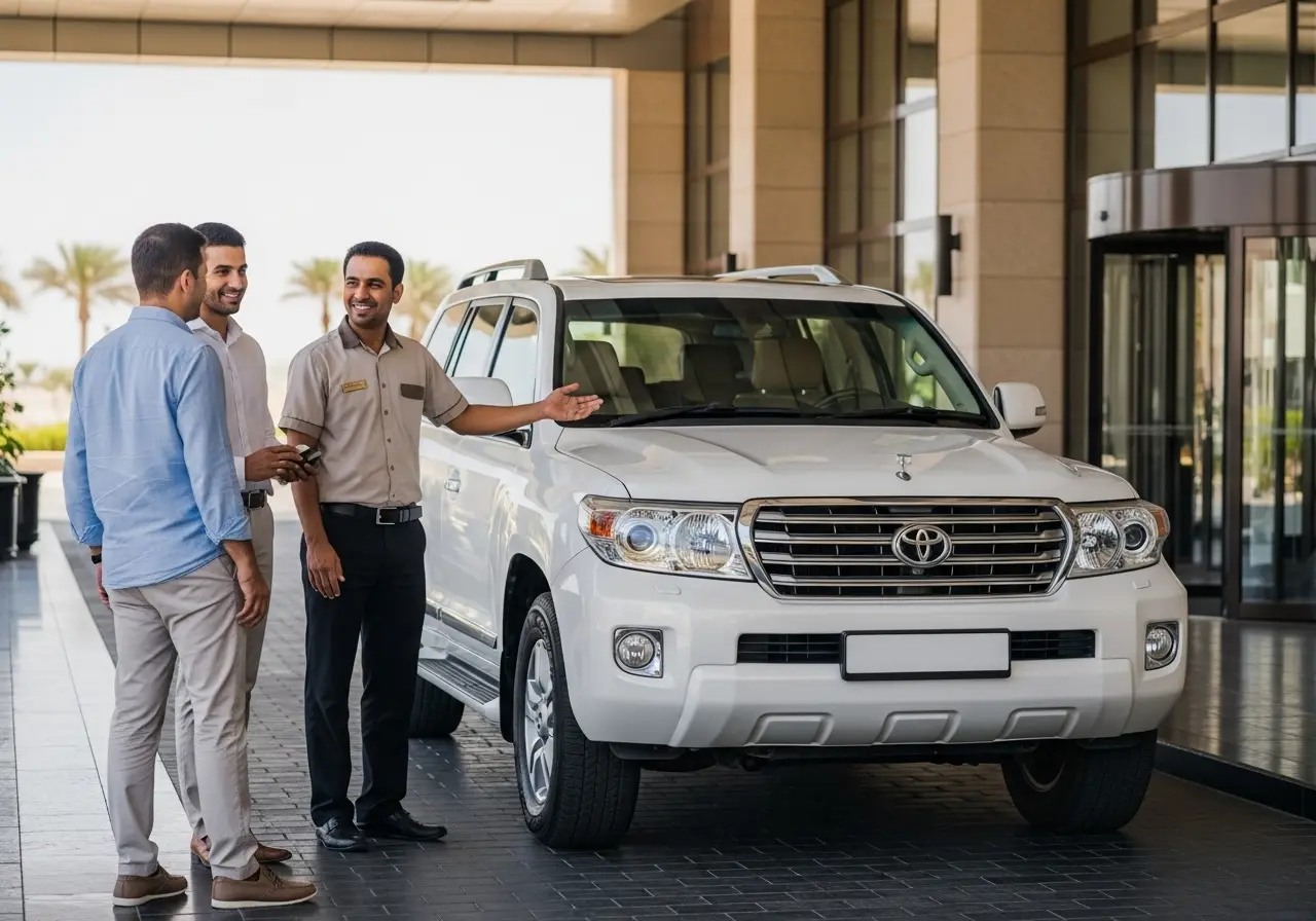 A couple being greeted by their guide for their desert safari hotel pickup.
