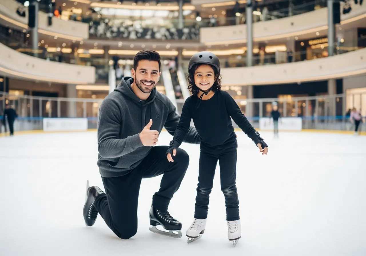 A child enjoying a fun and safe session of Dubai Ice Rink lessons with a coach.