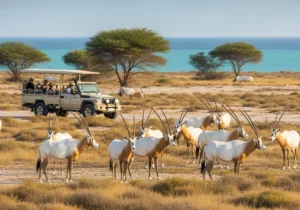 A herd of Arabian Oryx on a majestic Sir Bani Yas Island wildlife safari.