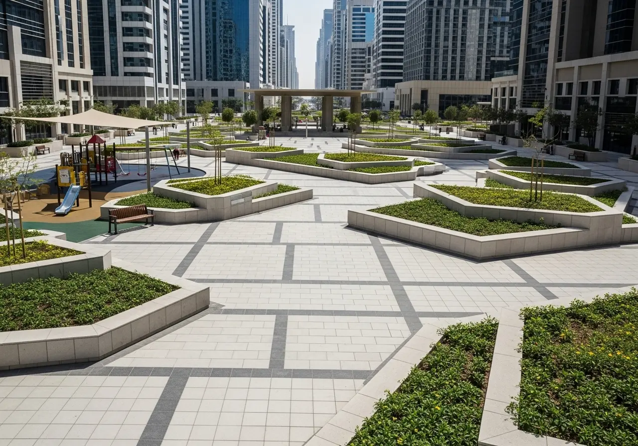 A modern view of the unique Port Saeed Park, showcasing its plaza design, green planters, and playgrounds in the heart of Deira, Dubai.
