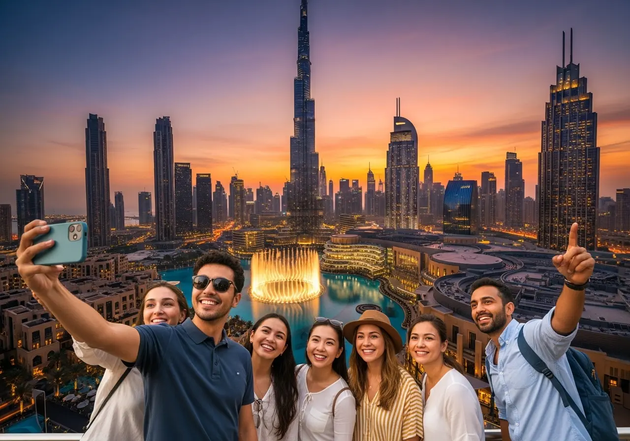 A group of friends taking a selfie in front of the illuminated Dubai skyline at sunset, with the Burj Khalifa and the Dubai Fountain, capturing an unforgettable dubai tour.