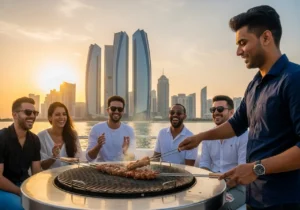 A group of friends enjoying a sunset Abu Dhabi BBQ Donut tour with the city skyline in the background.
