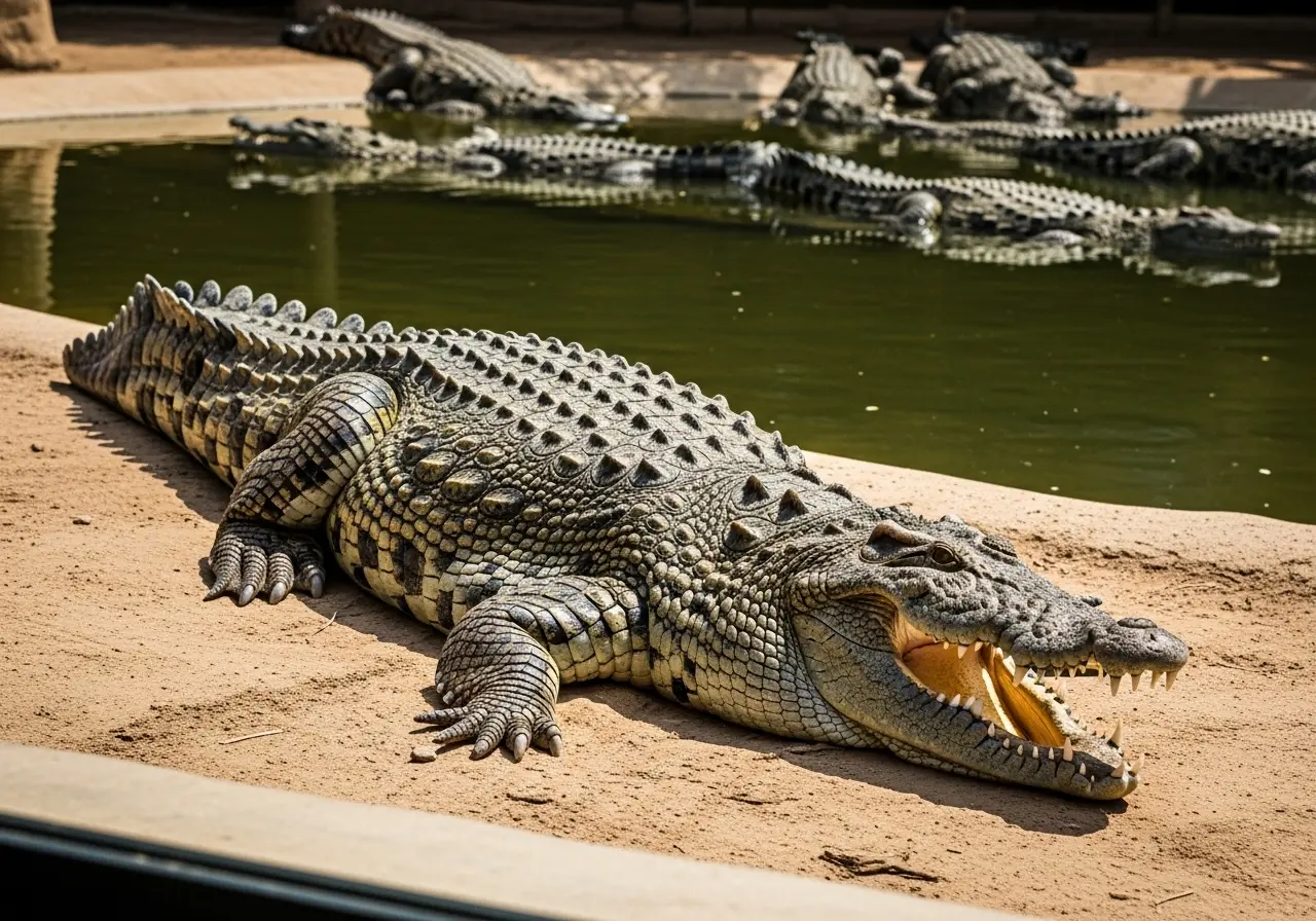 A massive Nile crocodile basking in the sun at the impressive Crocodile Park Dubai, showcasing its powerful jaws.