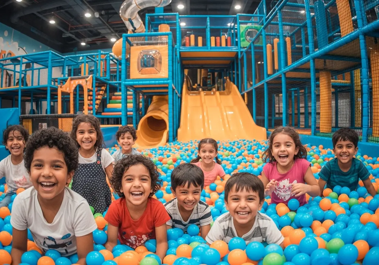 Children laughing and playing in the soft play area during an Abu Dhabi Fun City tour.