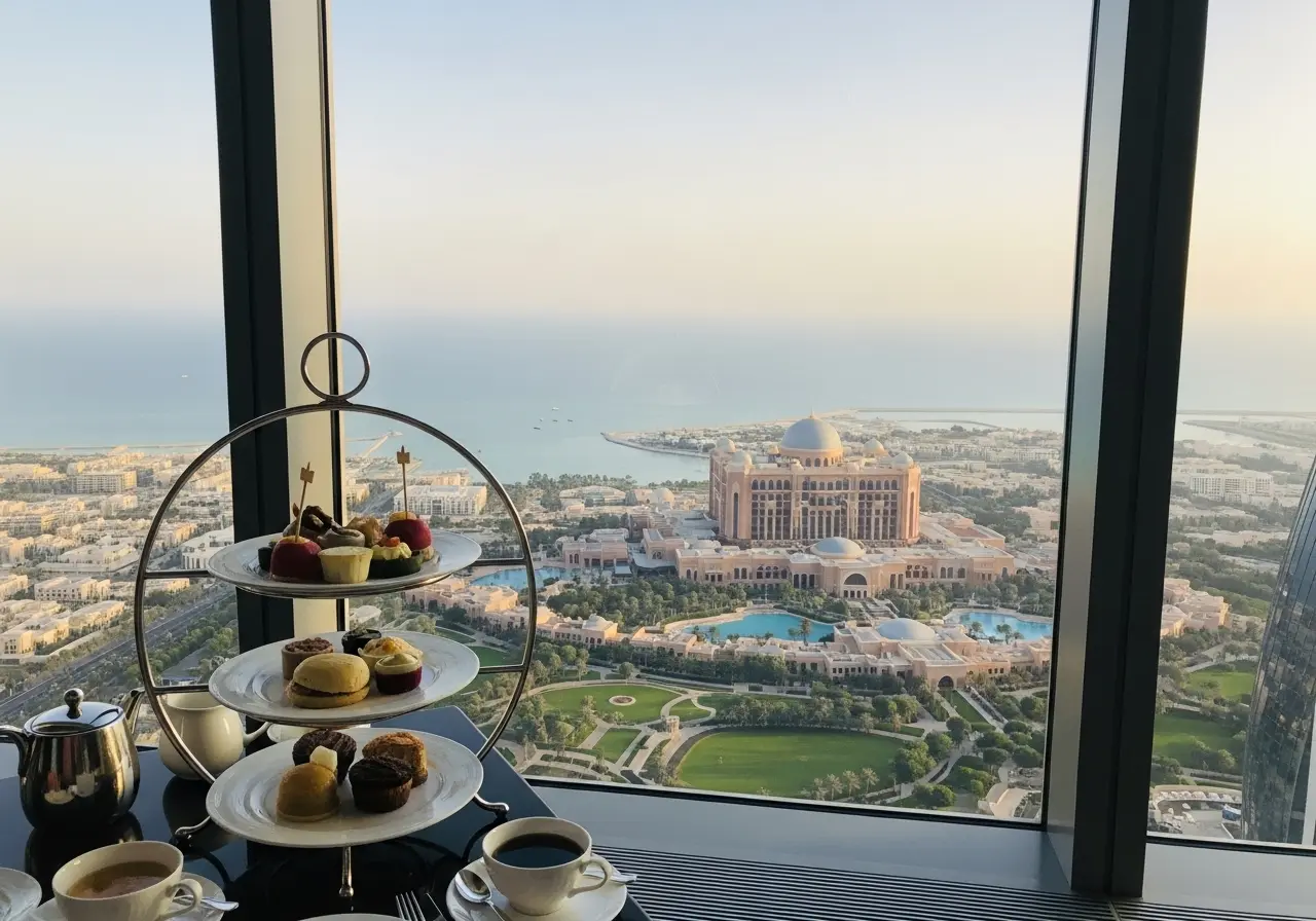 The spectacular view from the Etihad Towers deck with afternoon tea at sunset.