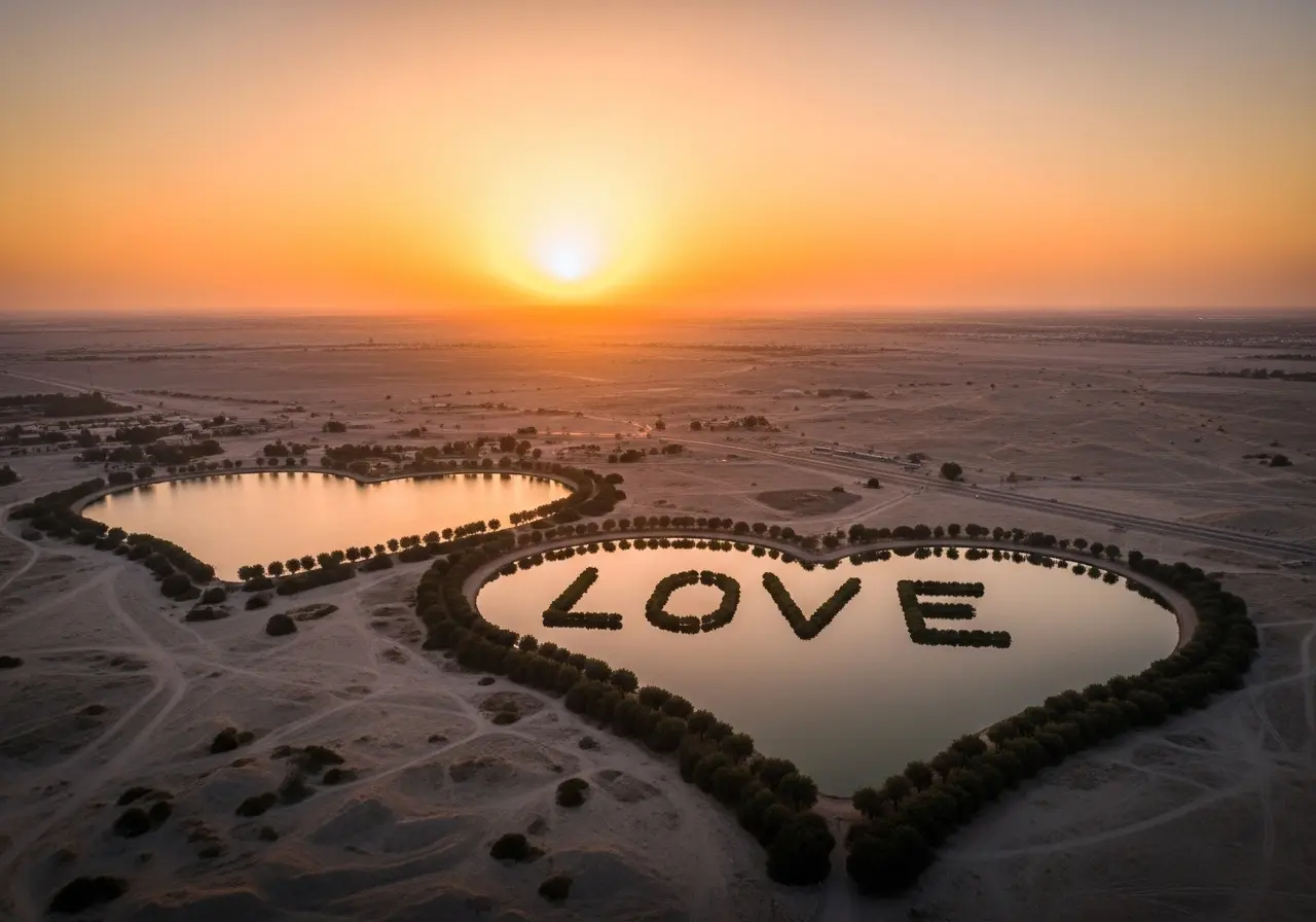 A breathtaking aerial view of the heart-shaped Love Lake Dubai at sunset, set in the Al Qudra desert.