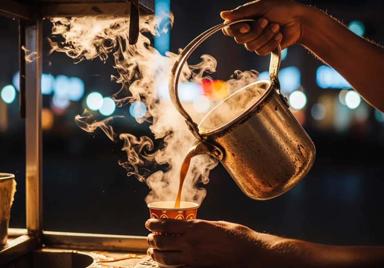 A chai wala pouring a hot cup of tea during a Dubai karak chai tour.