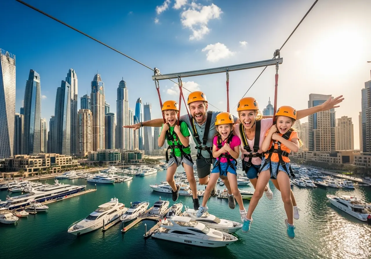Family ziplining over Dubai Marina, enjoying thrilling Dubai Tours, Activities and Adventure.