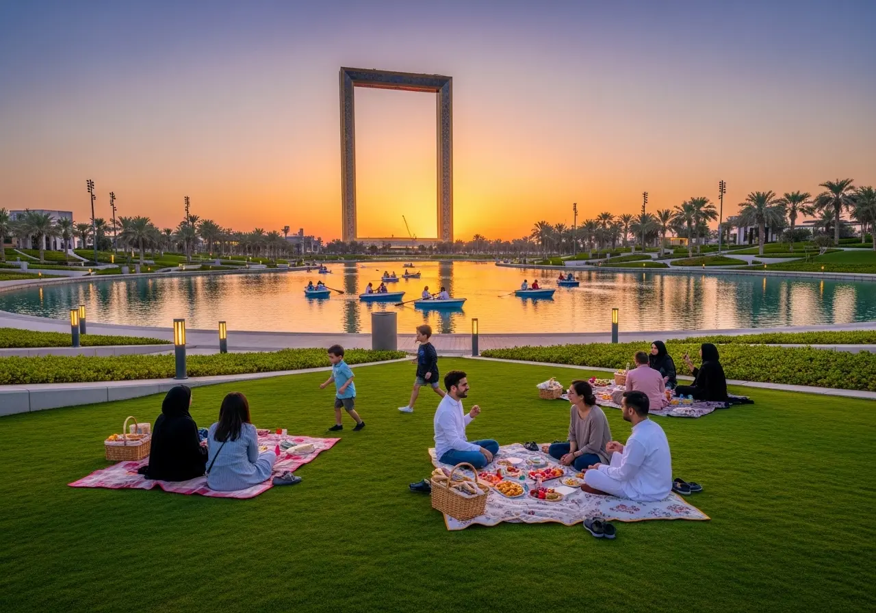 A beautiful sunset view of Zabeel Park Dubai, with the iconic Dubai Frame, a tranquil lake, and happy families.