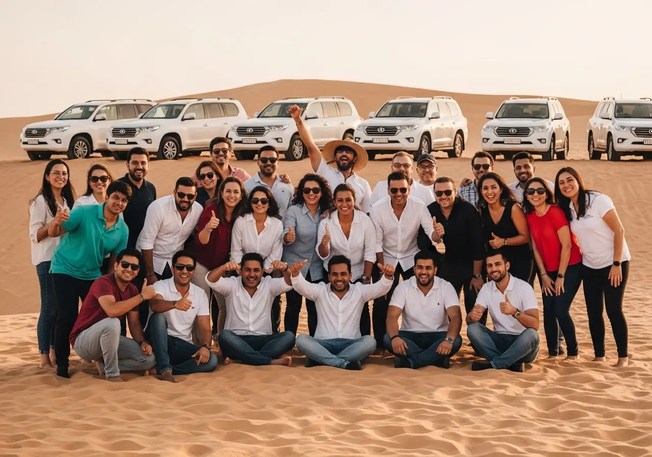 A happy group enjoying their adventure after securing desert safari group discounts.