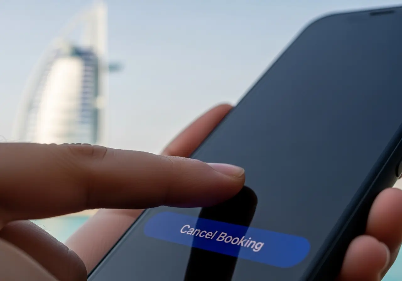 A person considering a Dubai tour cancellation on their smartphone, highlighting the importance of the policy.