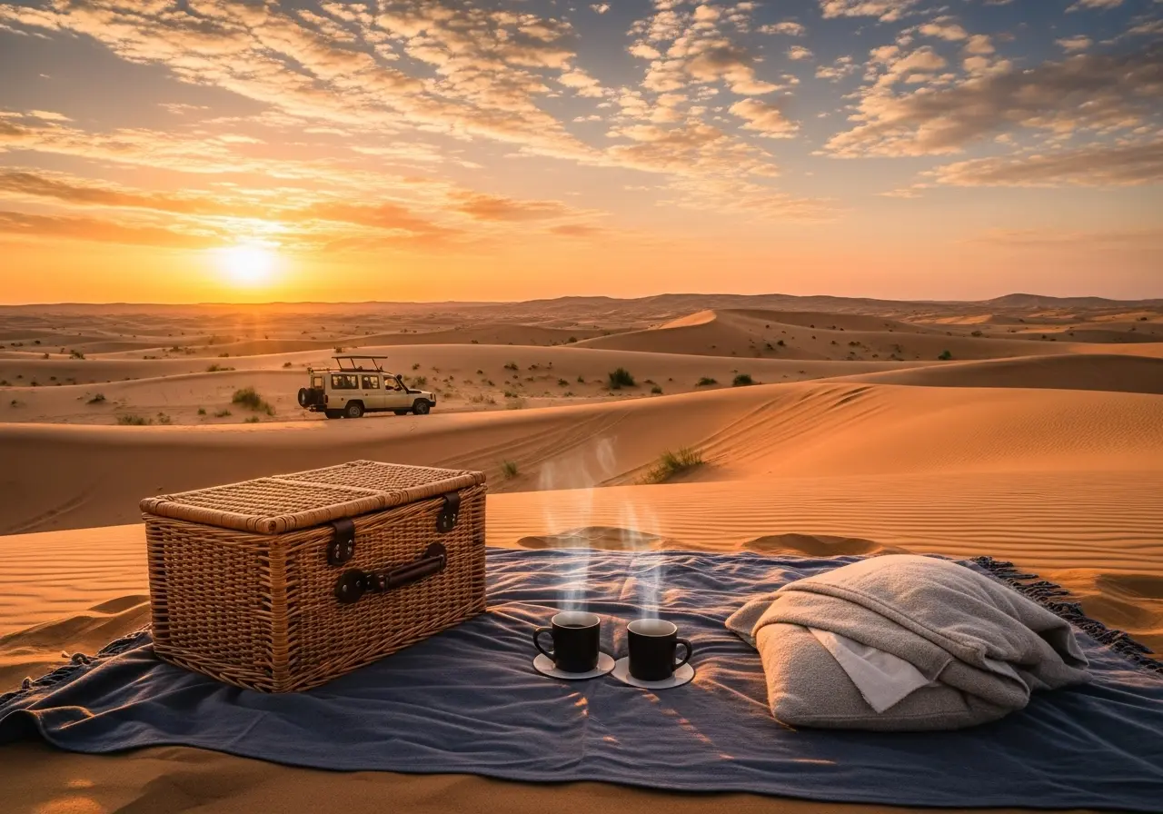 A beautiful serene morning scene with a sunrise desert safari with picnic breakfast laid out on a golden sand dune. Sunrise Desert Safari with Picnic Breakfast