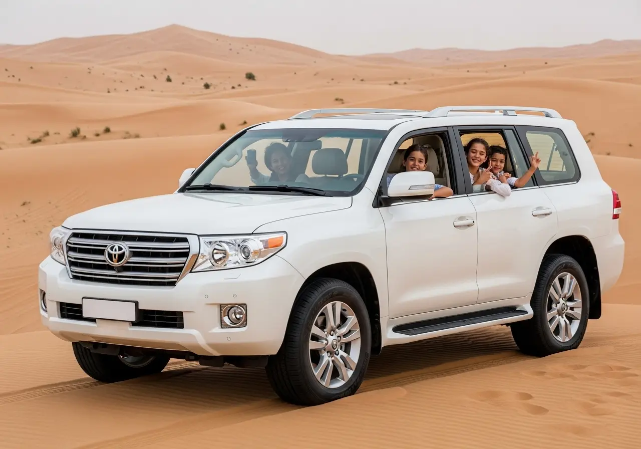A happy family enjoying a camel ride during a kids friendly desert safari.