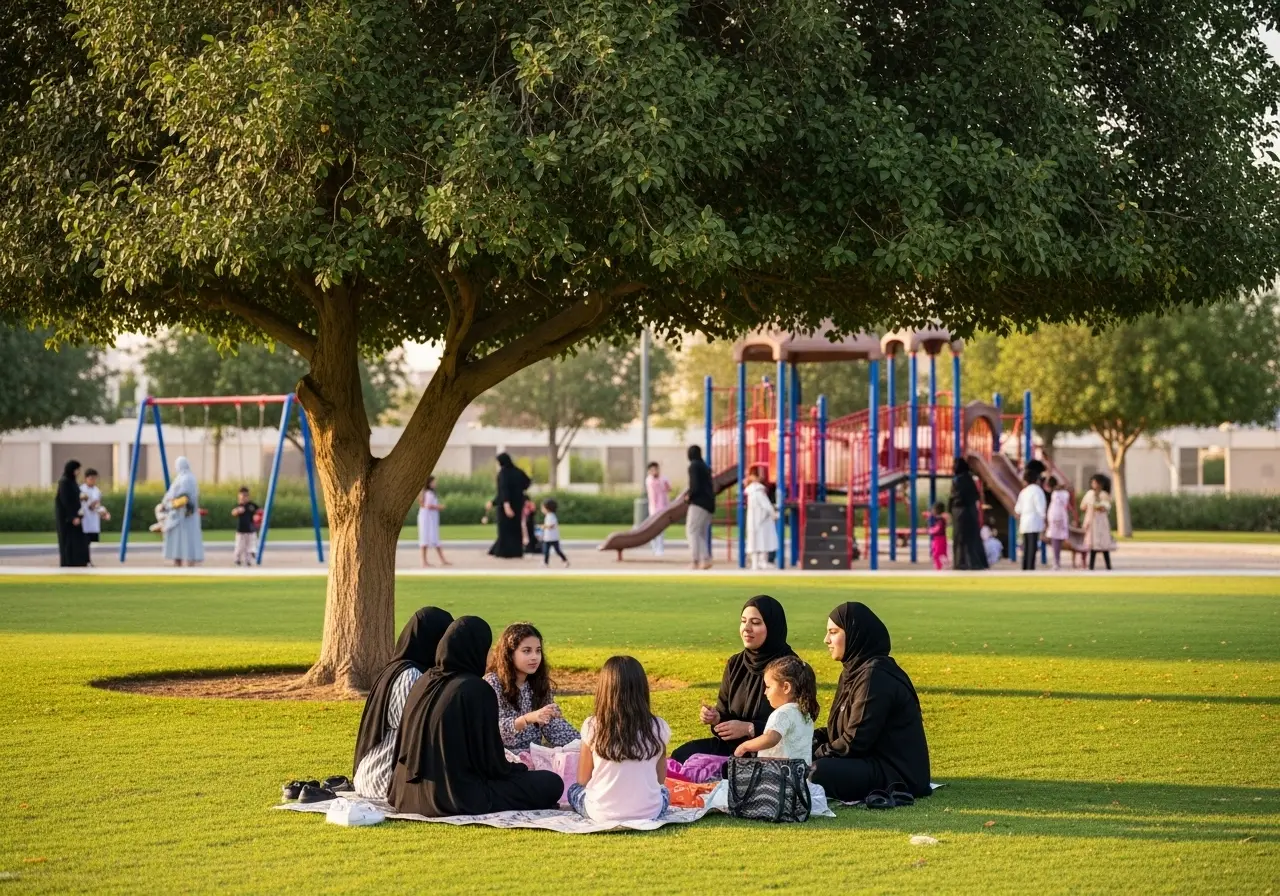 Women and children enjoying a peaceful and happy afternoon at the beautiful Al Hamriya Park in Dubai on a ladies-only day.