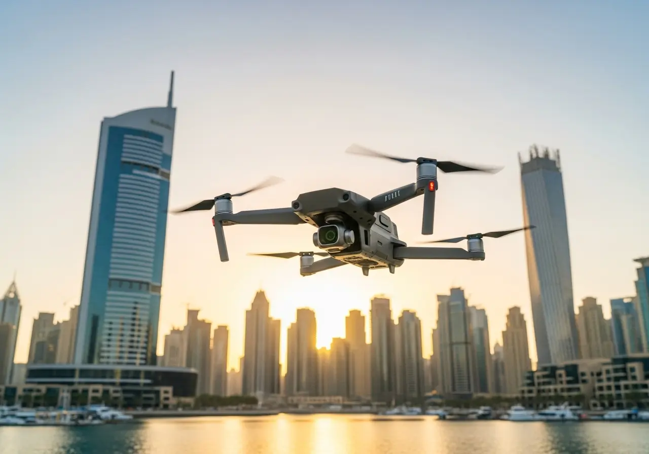 A professional drone on a Dubai drone tour capturing the Marina skyline at sunset.