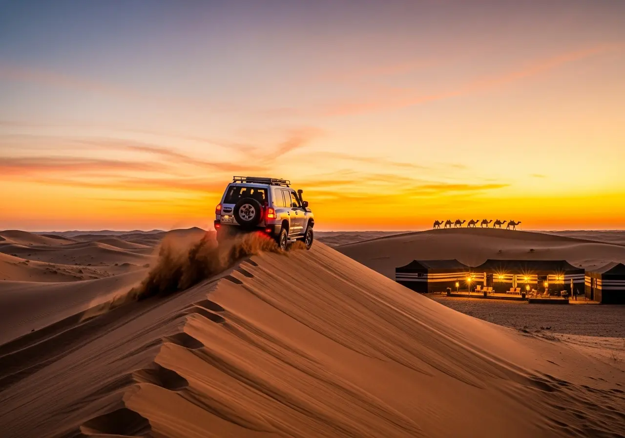 A thrilling Dubai Desert Safari Tours 2025 experience with a powerful 4x4 driving over desert sand dunes at sunset.