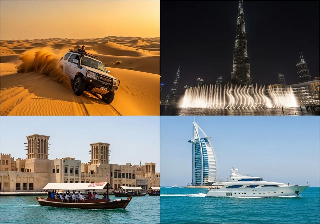 A collage of Popular Dubai Activities including a desert safari, Burj Khalifa, and an abra boat on Dubai Creek.