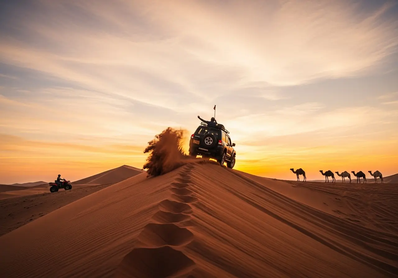 A thrilling Red Dune Safari with a 4x4 car driving over red sand dunes at sunset.
