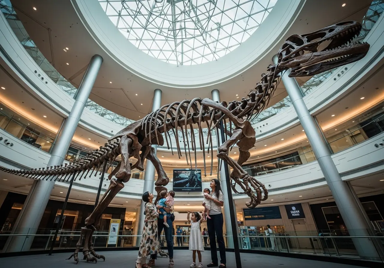 A family on a Dubai dinosaur exhibit tour looking up at the giant Dubai Dino skeleton.