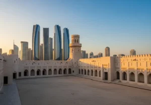 The historic fort of Abu Dhabi Qasr Al Hosn with the modern skyline in the background.