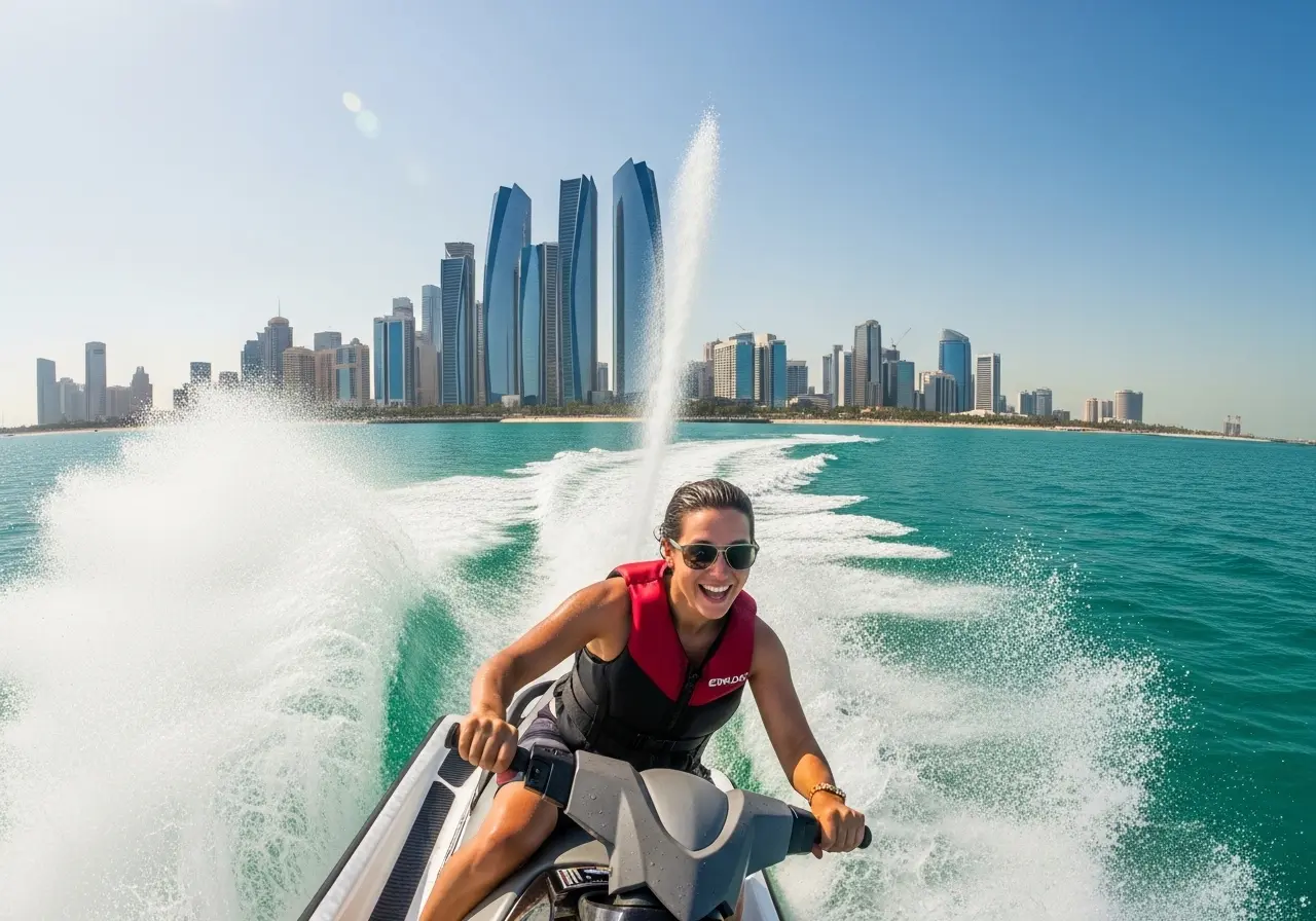 A person enjoying a thrilling Abu Dhabi jet ski tour with the city skyline in the background