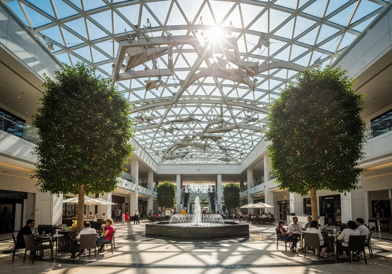The bright and spacious Town Square at the heart of the Abu Dhabi Yas Mall during a tour.