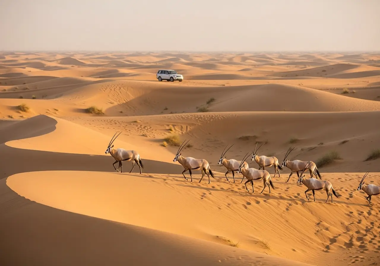 A herd of Arabian Oryx seen during an eco friendly desert safari conservation tour.