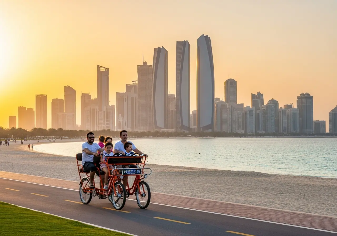 A family enjoying a bike ride on the beautiful Abu Dhabi Corniche at sunset.