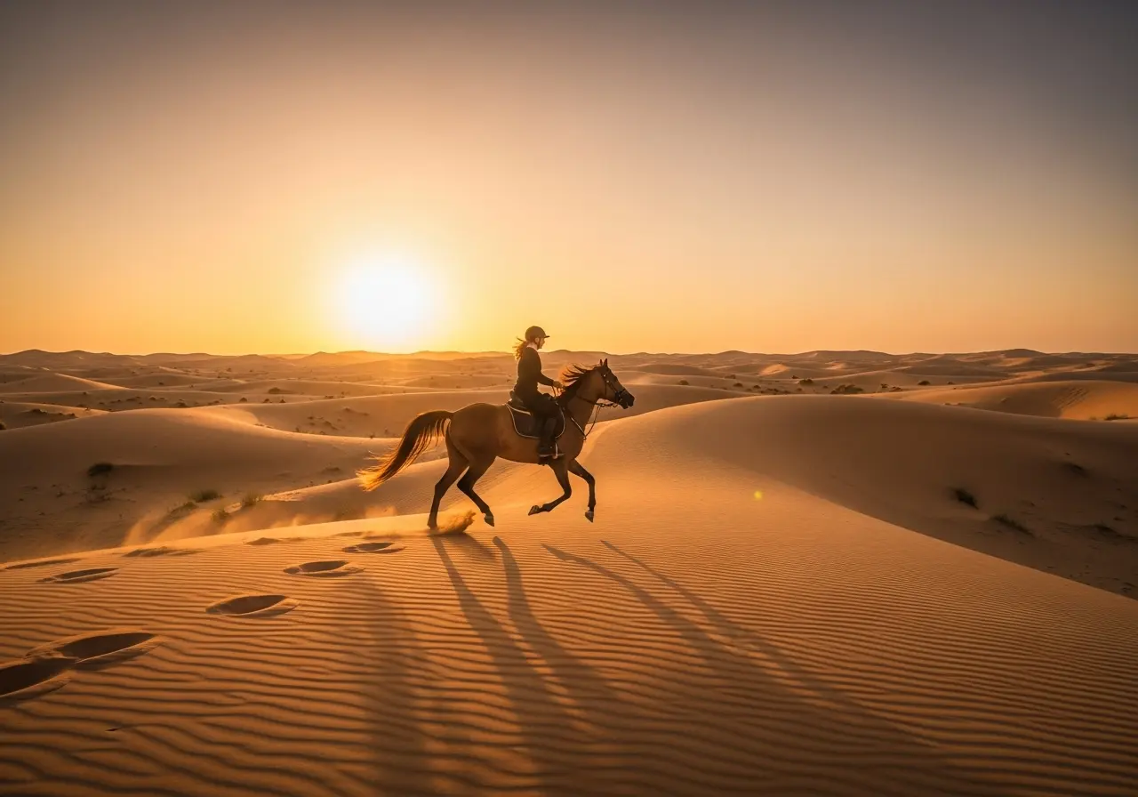 A person enjoying a majestic Al Forsan horseback riding tour in the desert at sunset.