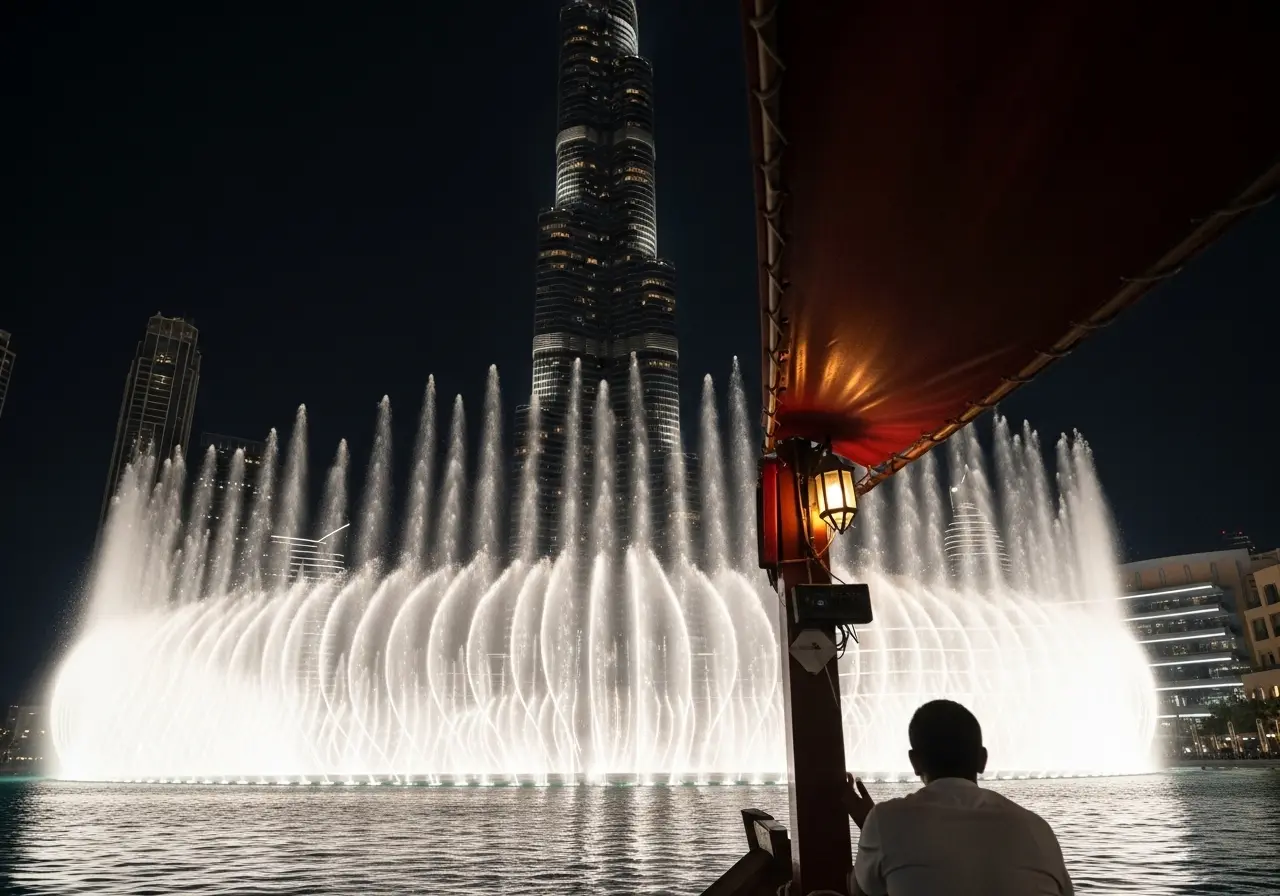 A spectacular view of the performance on a Dubai Mall Fountain Show tour.