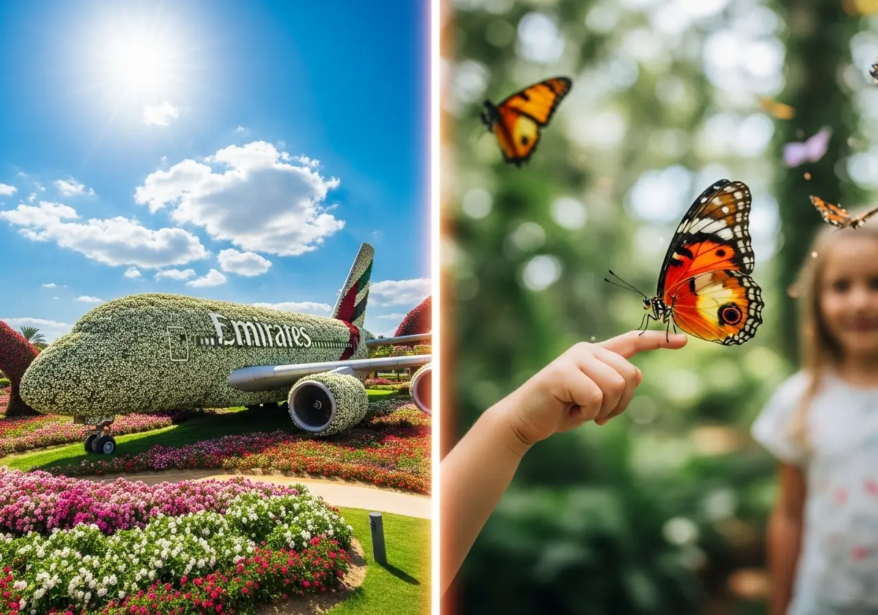 A split image showing the attractions of a Miracle Garden Butterfly House combo ticket.